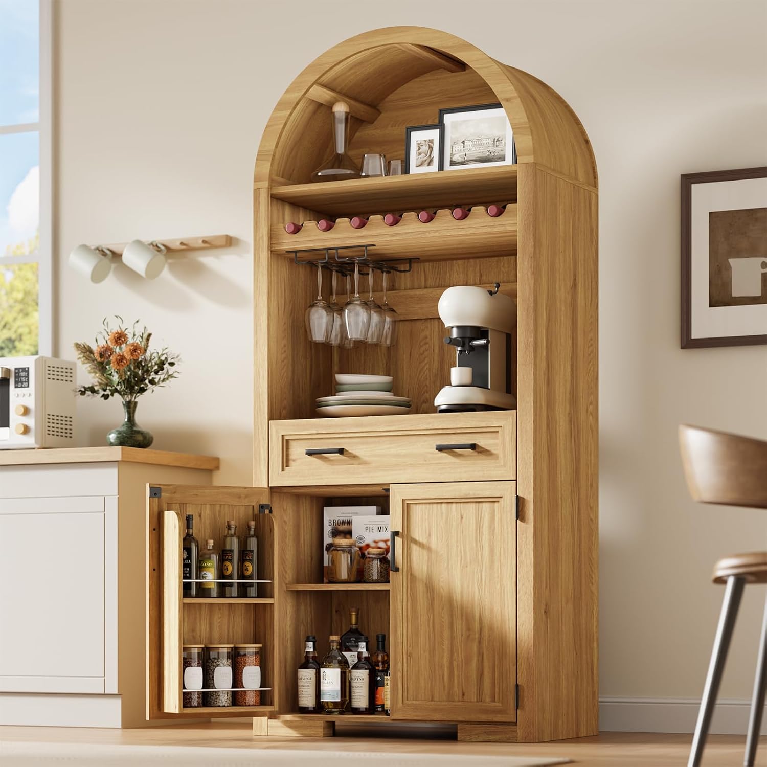 72' Tall Arched Kitchen Pantry, Modern Wood Kitchen Storage Cabinets with Large Drawer, 4 Door Shelves, Adjustable Shelves, and Wine Racks, Versatile Cupboard for Dining Room, Natrual Oak