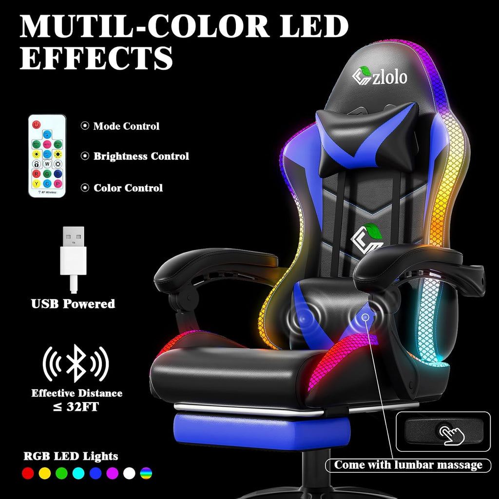 Czlolo Gaming Chair, Racing Style RGB LED Lights Gaming Chairs for Adults and Kids, Lumbar Massager Gamer Chair, High Back Reclining Computer Chair with Footrest and Headrest (Black/Blue)