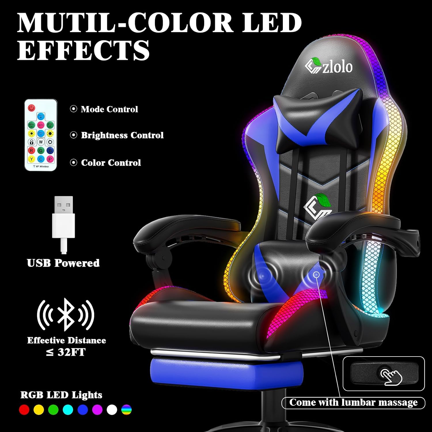 Czlolo Gaming Chair, Racing Style RGB LED Lights Gaming Chairs for Adults and Kids, Lumbar Massager Gamer Chair, High Back Reclining Computer Chair with Footrest and Headrest (Black/Blue)