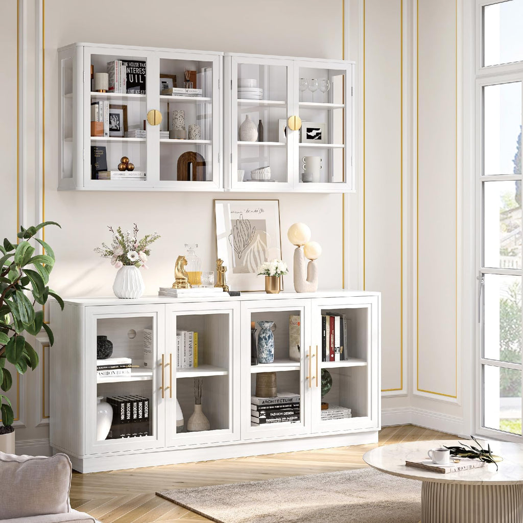 NEWOWNDS Buffet Cabinet with Storage,63' Large Sideboard,Kitchen Storage with 4 Glass Doors, Modern Glass Display Cabinet,Entryway Table for Dining Room,White