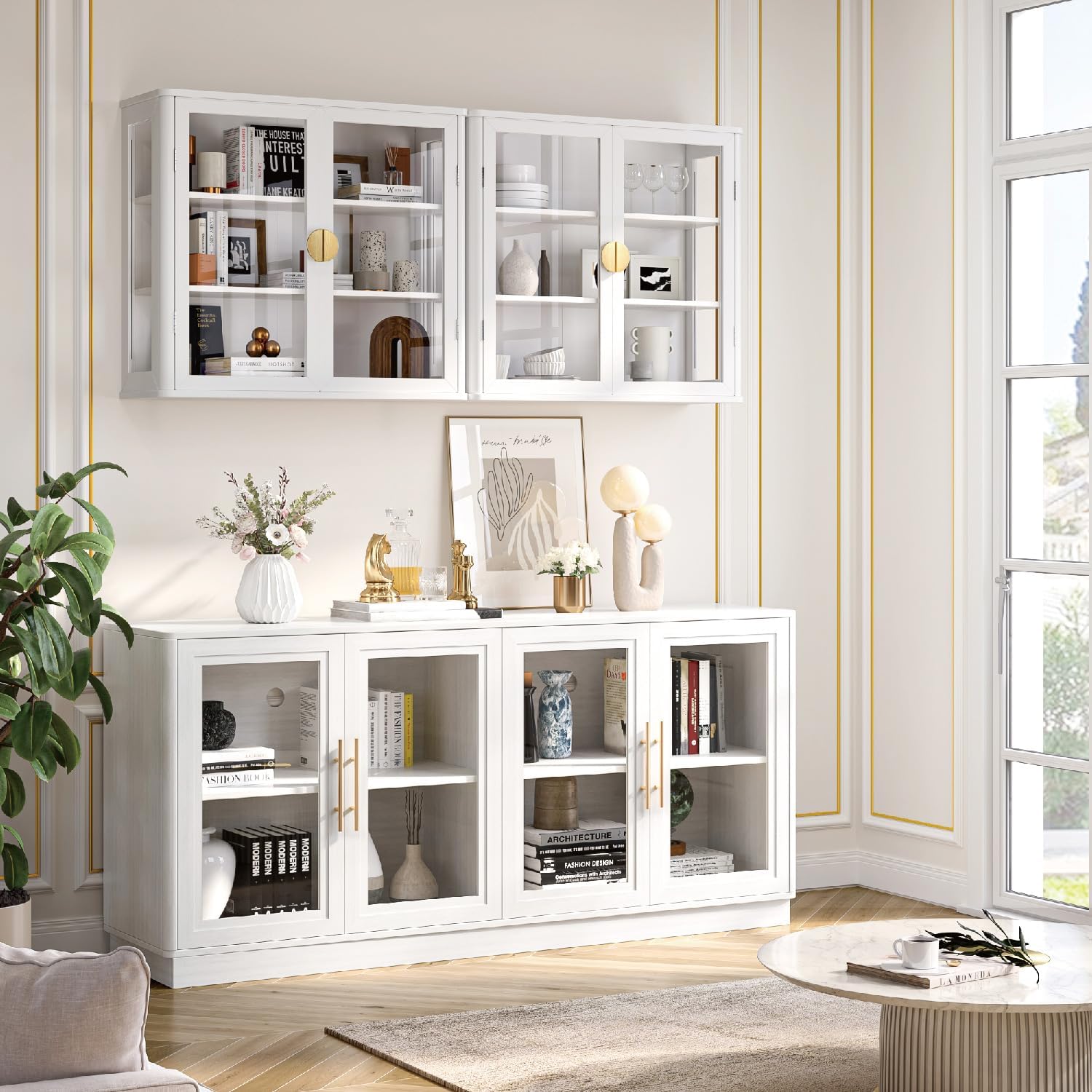 NEWOWNDS Buffet Cabinet with Storage,63' Large Sideboard,Kitchen Storage with 4 Glass Doors, Modern Glass Display Cabinet,Entryway Table for Dining Room,White