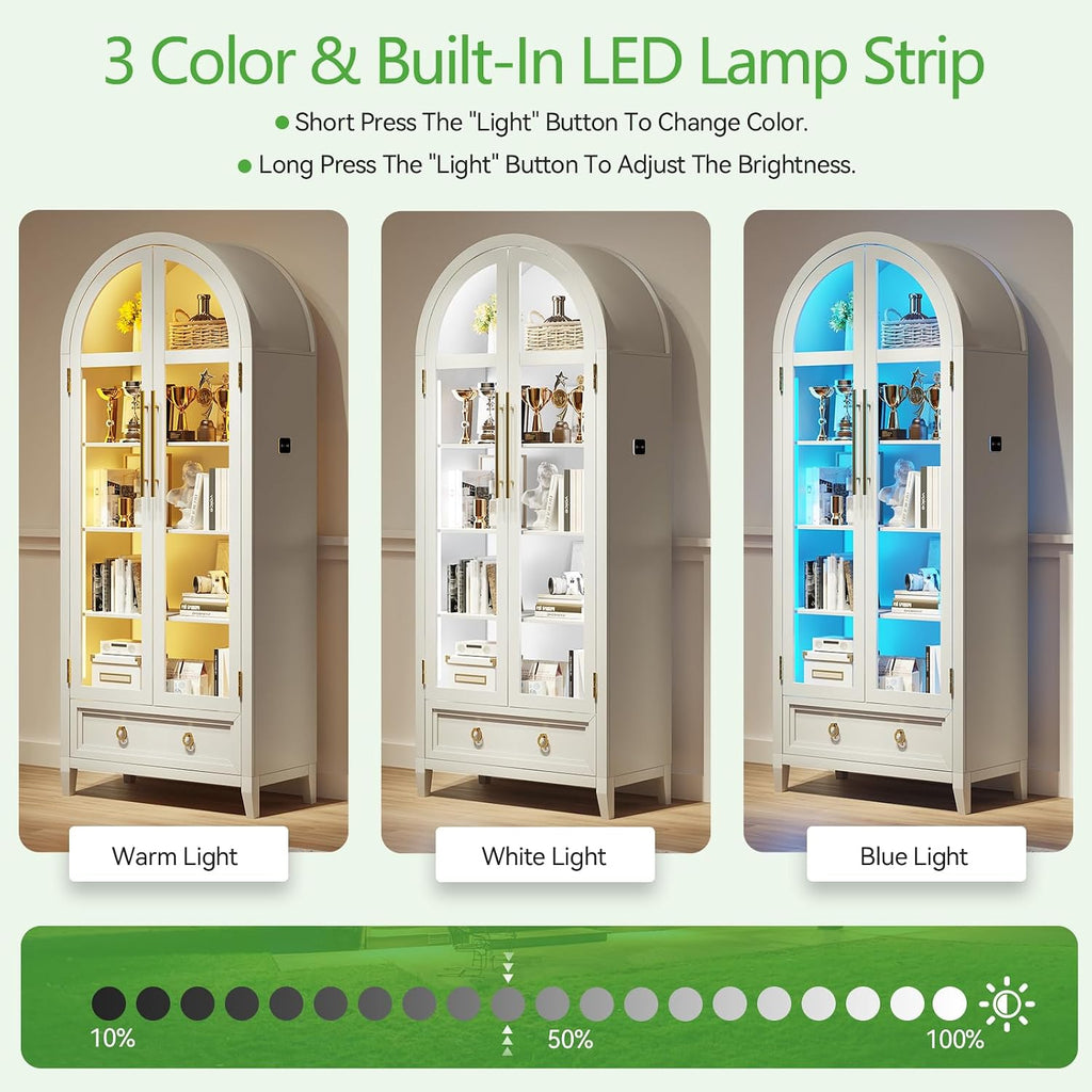 HNEBC Book Shelf with LED Lights, Arched Display Case with Storage Cabinet, Smart File Cabinet with Glass Door, Curio Cabinet with Solid Wood Legs for Home Office/Bedroom Furnniture-White