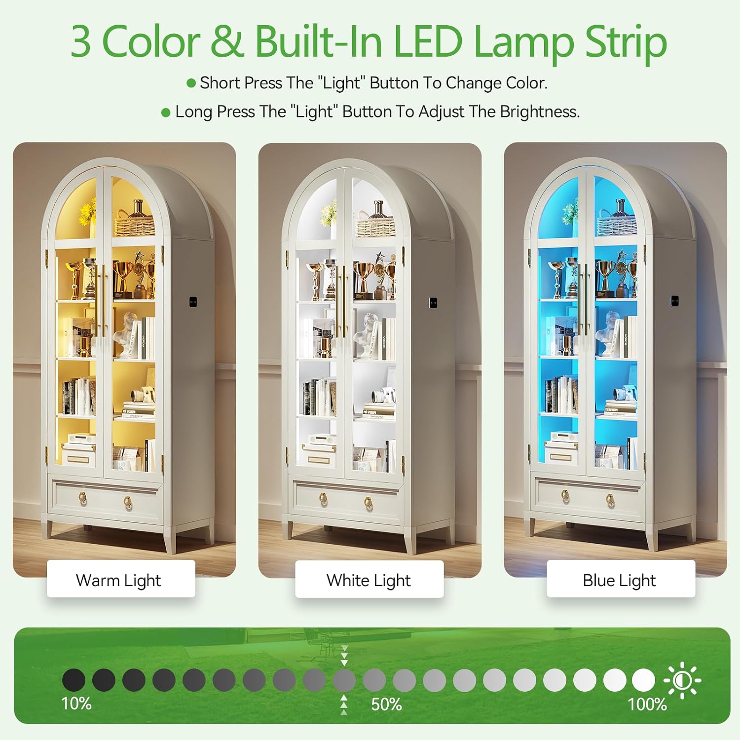 HNEBC Book Shelf with LED Lights, Arched Display Case with Storage Cabinet, Smart File Cabinet with Glass Door, Curio Cabinet with Solid Wood Legs for Home Office/Bedroom Furnniture-White