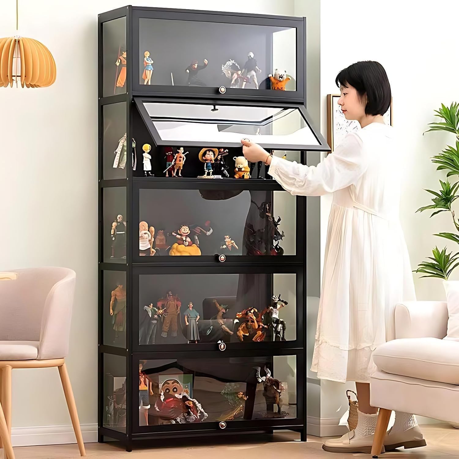 Display Cabinet with Acrylic Glass Door, 5 Tier Curio Display Case, Collectibles Toy Organizers Rack & Display Shelf, Kids Bookcase for Home, Playroom, Living Room, Bedroom, Reading Nook, Bamboo