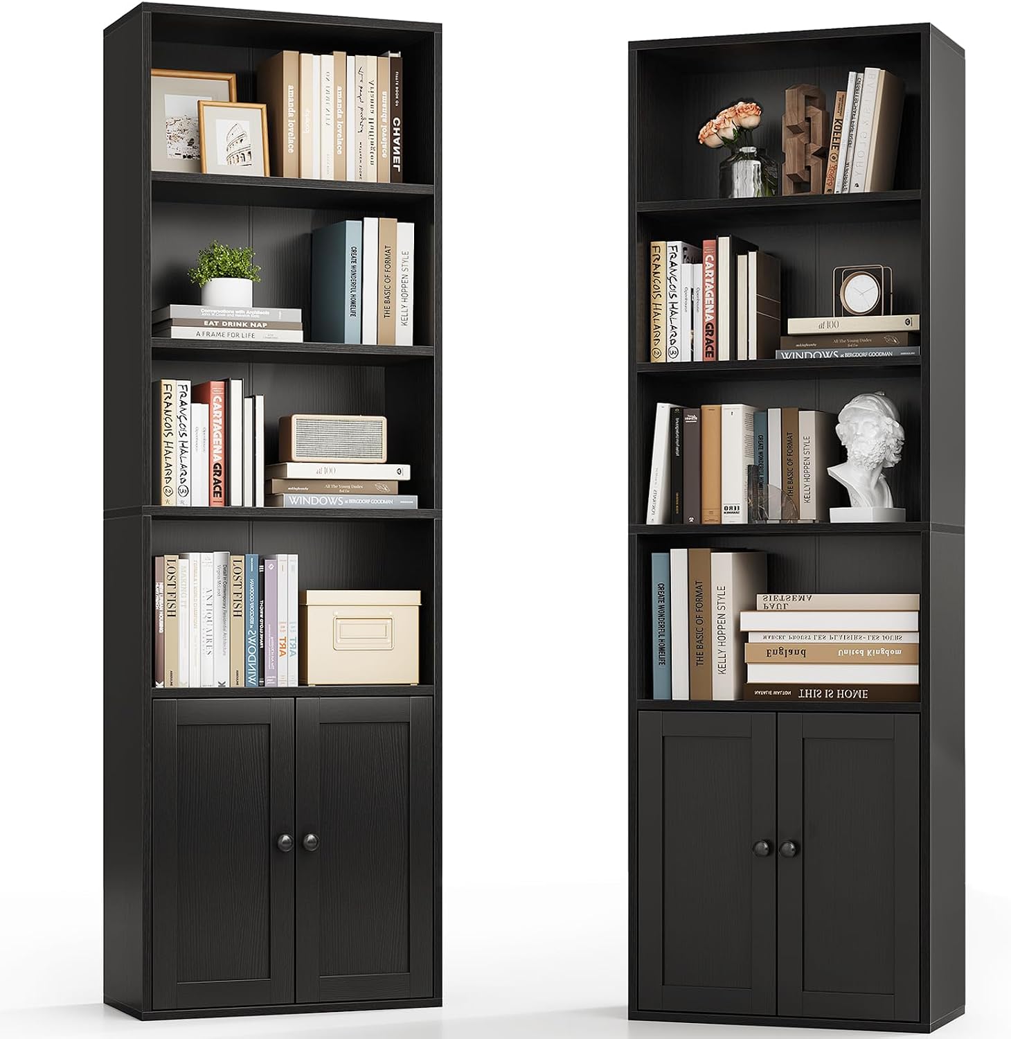 Casaottima Bookshelf and Bookcase with Doors, Floor Standing 6-Tier Shelf Display Storage Shelves, Tall Bookcases for Home Office, Living Room, Black 2 Pack