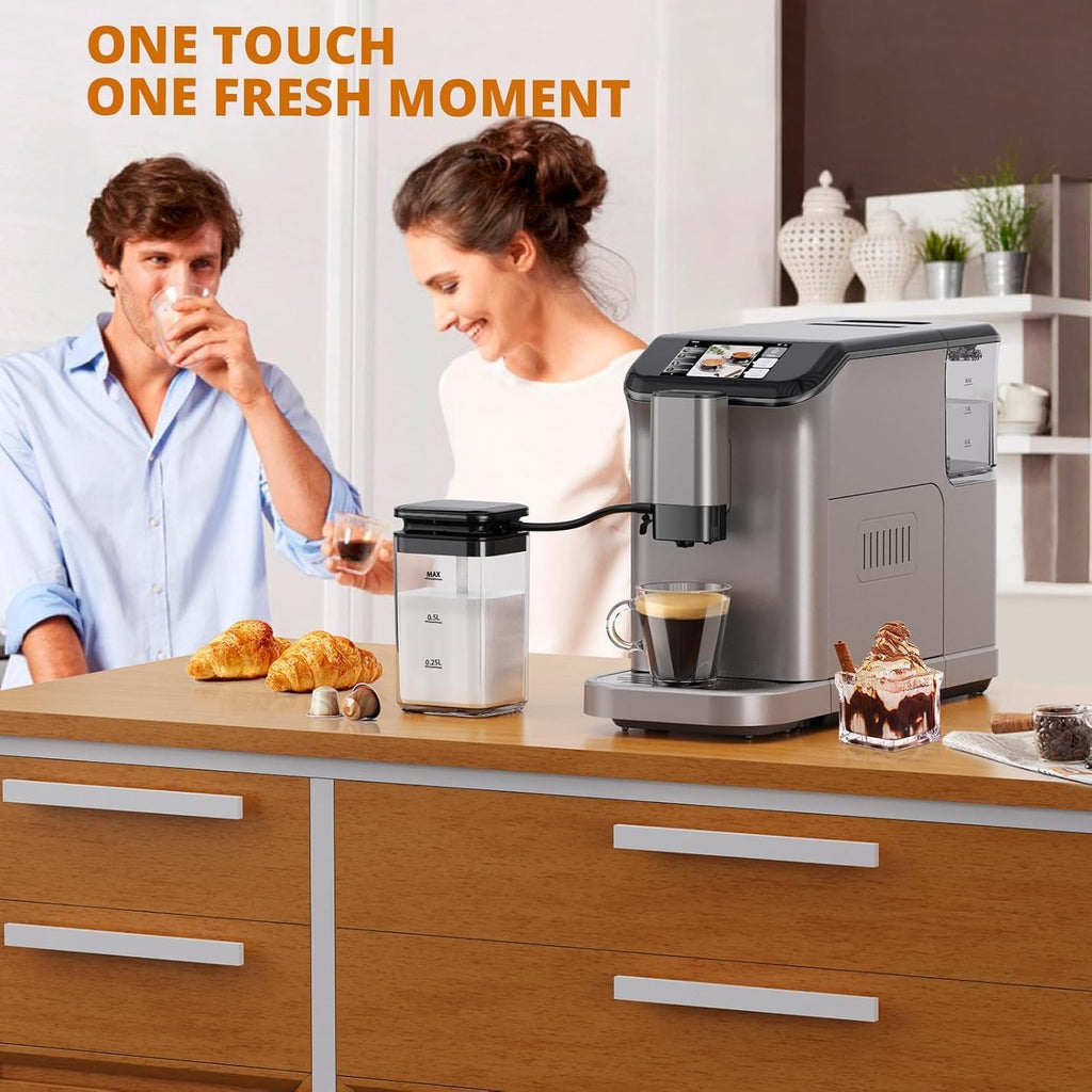 Fully Automatic Espresso Coffee Machine with Milk Frother, 20 Bar Pressure, 15 Adjustable Grind Levels, TFT Touchscreen, 8-In-1 Cappuccino Latte Maker, Removable Water Tank