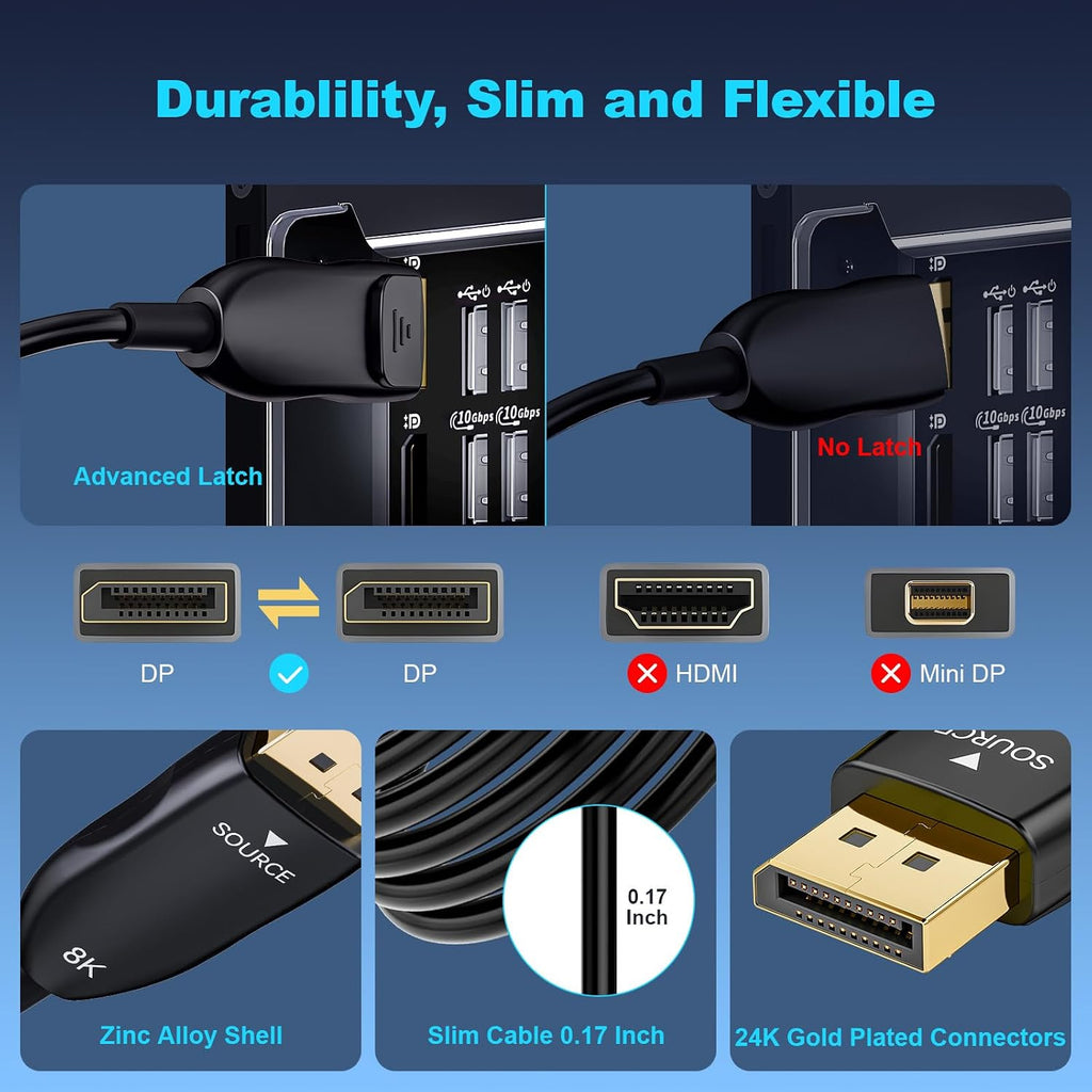 8K Fiber Optic DisplayPort Cable 2.1, 75ft Long Active DP Cable 54Gbps, 8K@60Hz, 4K@240Hz, 2K@360Hz, HDR, HDCP, DSC 1.2a, High Speed Optical Display Port Cord for Gaming/Monitor/Graphics Card/TV/PC