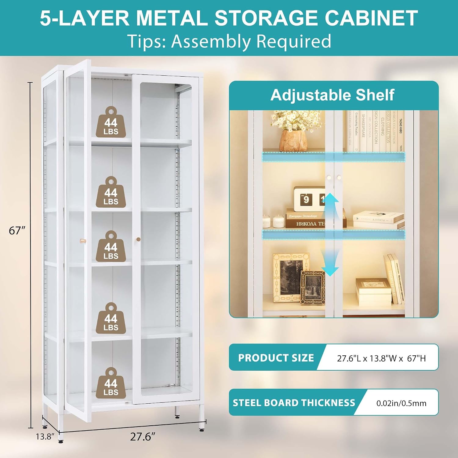5 Tier Glass Display Cabinet with 13 Color LED Lights, 67' Lighted Curio Cabinet with Glass Doors & Adjustable Shelves, Tall Metal Display Case for Collectibles Figures- White