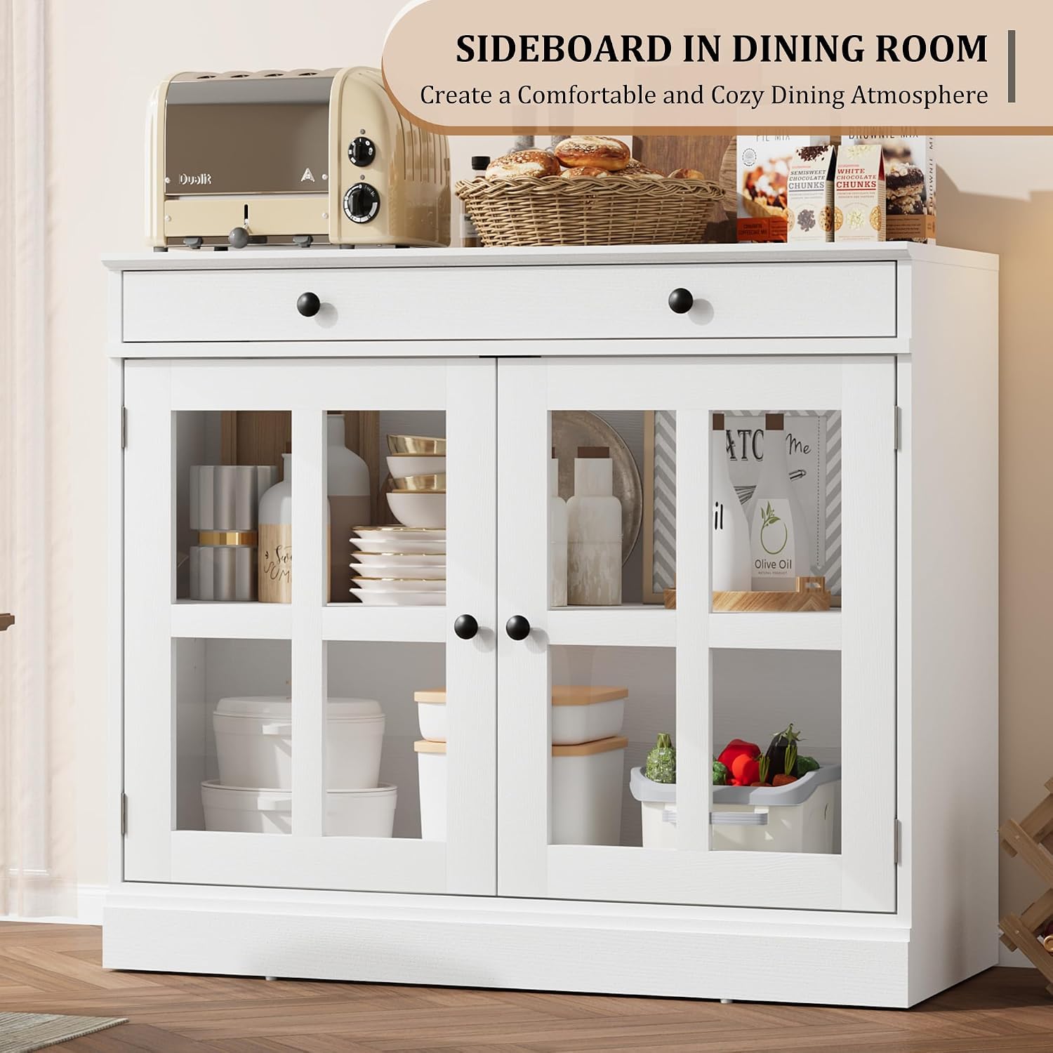 GarveeHome 35.4 in Sideboard Buffet Cabinets with Glass Door, Buffet Cabinet with Storage, White Sideboard Cabinet with Drawer, Modern Buffets & Sideboards for Dining Room, Kitchen