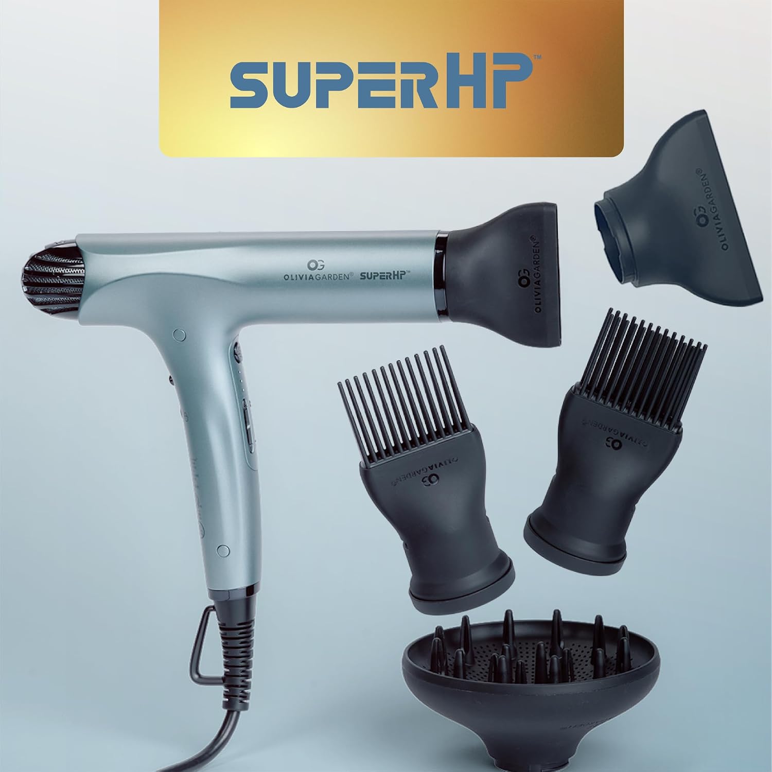 Olivia Garden 1875W SuperHP Professional Hair Dryer for All Hair Types - Quiet, Fast Drying Blow Dryer - Powerful Ionic Generator - 5 Attachments, Including 2 Comb and 1 Diffuser Attachments