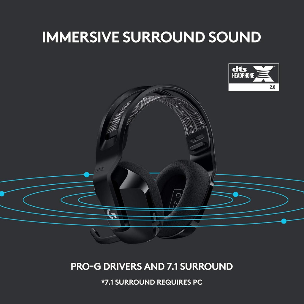 Logitech G733 Lightspeed Wireless Gaming Headset, Suspension Headband, Lightsync RGB, Blue VO!CE Mic, PRO-G Audio – Black, Gaming Headset Wireless, PC, PS5, PS4, Switch Compatible