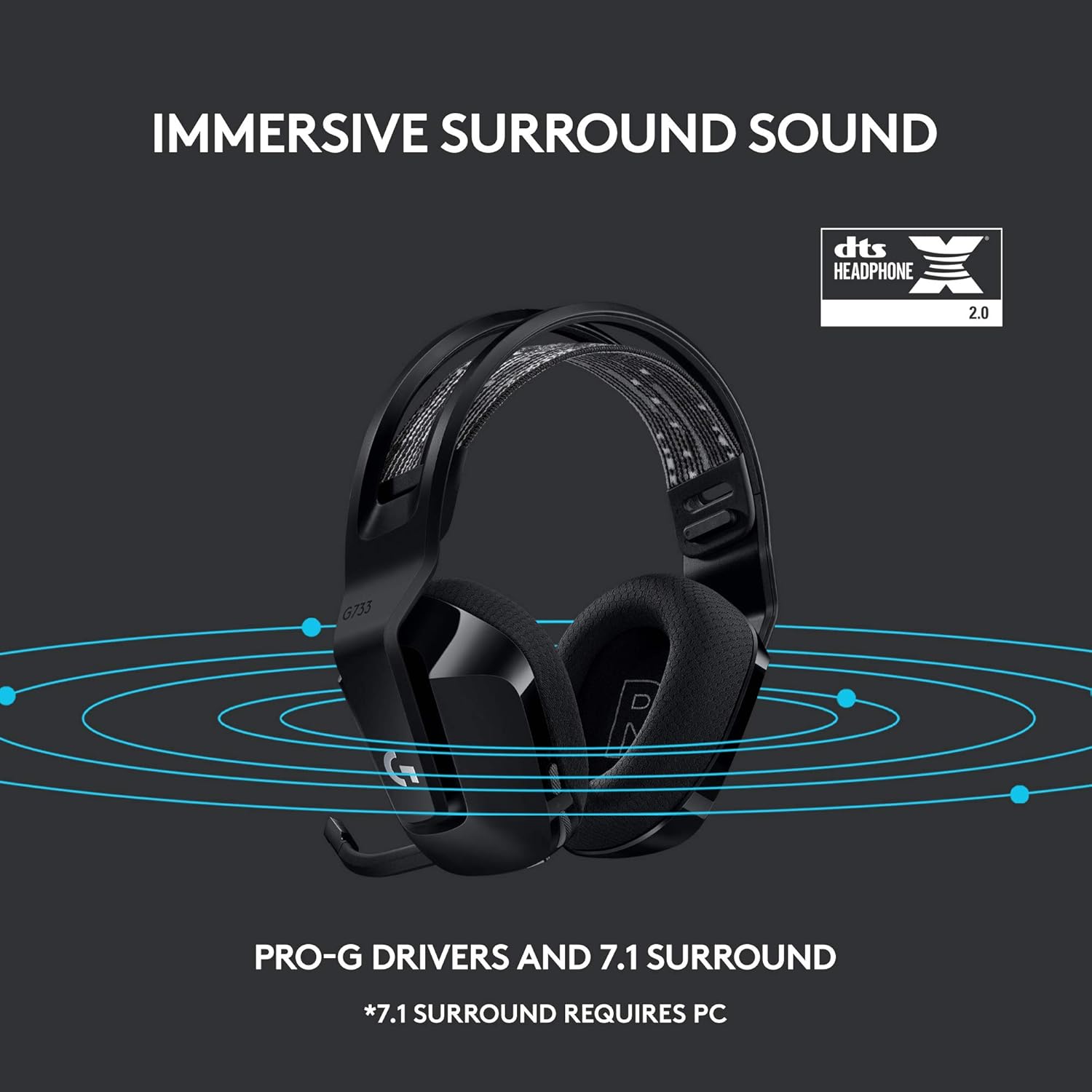 Logitech G733 Lightspeed Wireless Gaming Headset, Suspension Headband, Lightsync RGB, Blue VO!CE Mic, PRO-G Audio – Black, Gaming Headset Wireless, PC, PS5, PS4, Switch Compatible