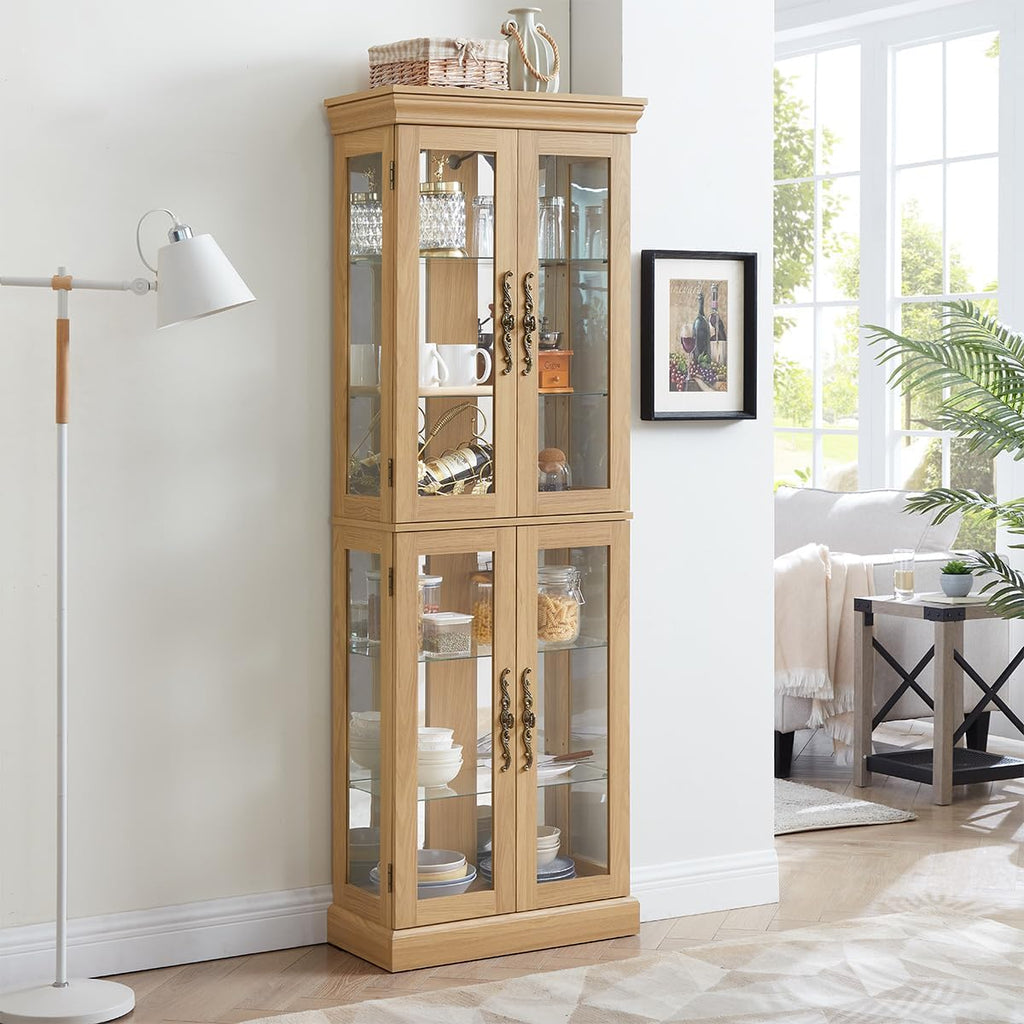 Lighted Glass Curio Cabinet with Lights & Adjustable Shelves,Corner Curio Display Cabinet with Wood Frame (Free Standing,Light Bulb Include)