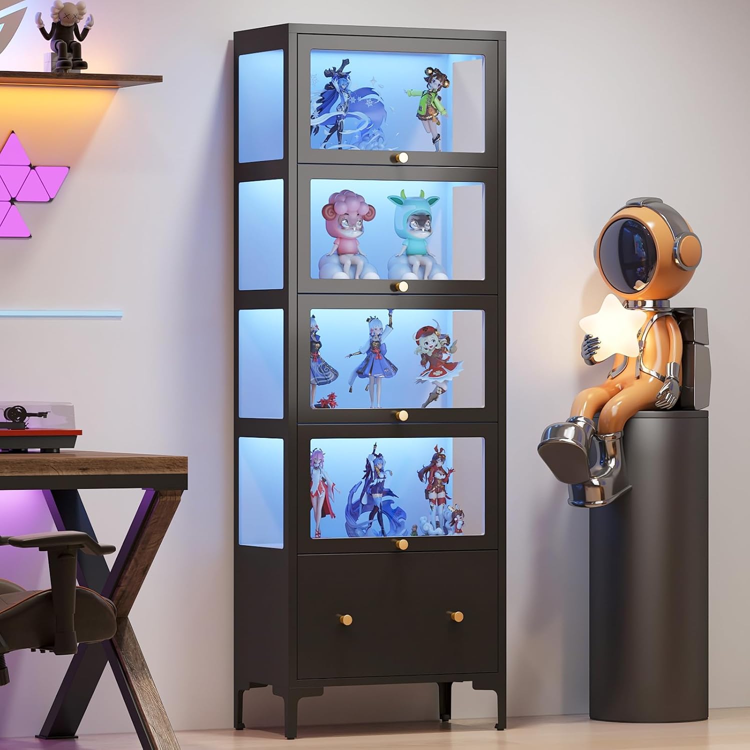 Display Cabinet with Glass Doors, 67' Metal Curio Cabinet with Drawer & 13-Color RGB LED Lights, 5-Tier Glass Display Case for Collectibles, Figure, Toys, Books, Black