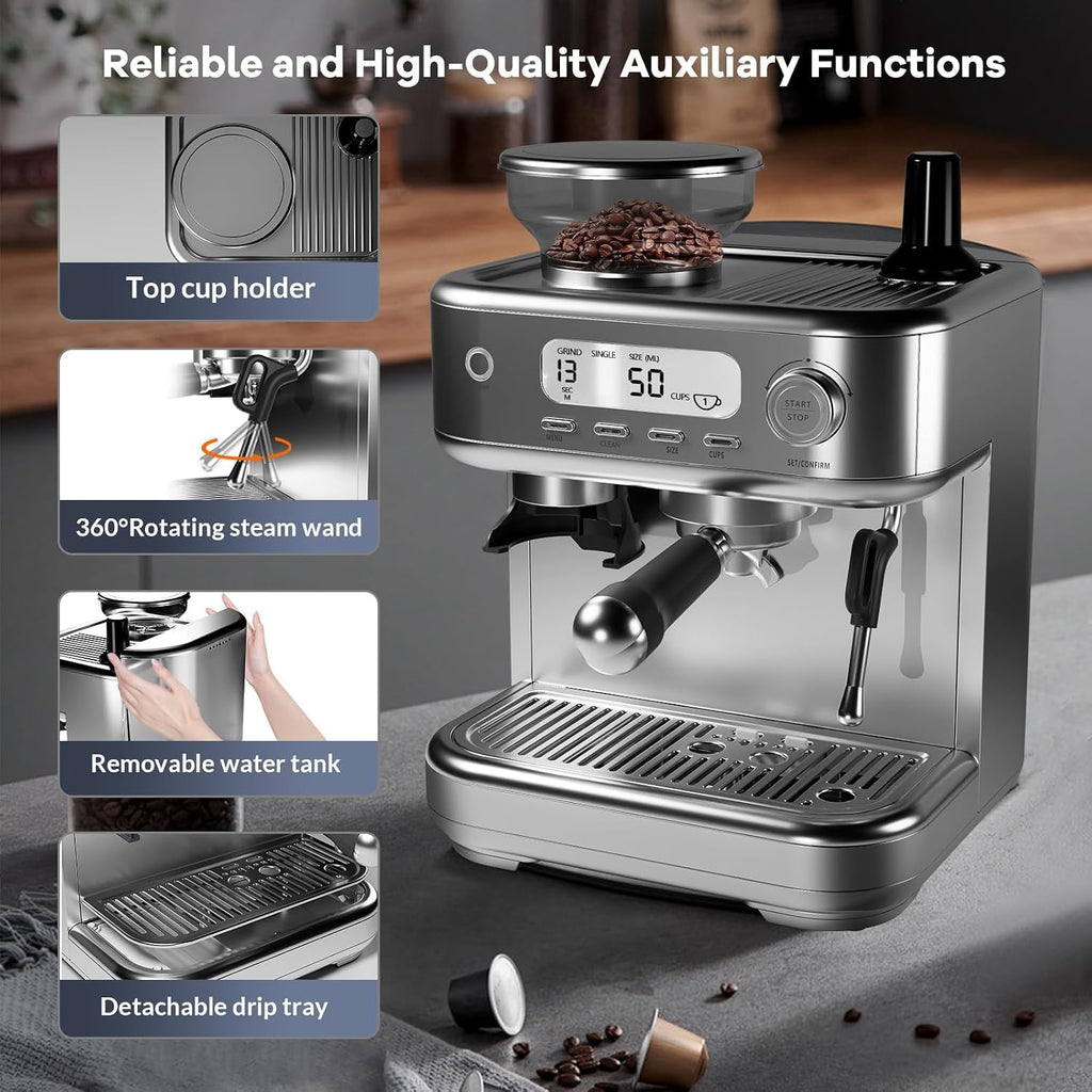 Espresso Machine 15 Bar, LCD Display Espresso Maker with Grinder, Milk Frother and PID Temperature Control, Professional Coffee Maker for Latte Cappuccino - 8.8 Oz Bean Hopper