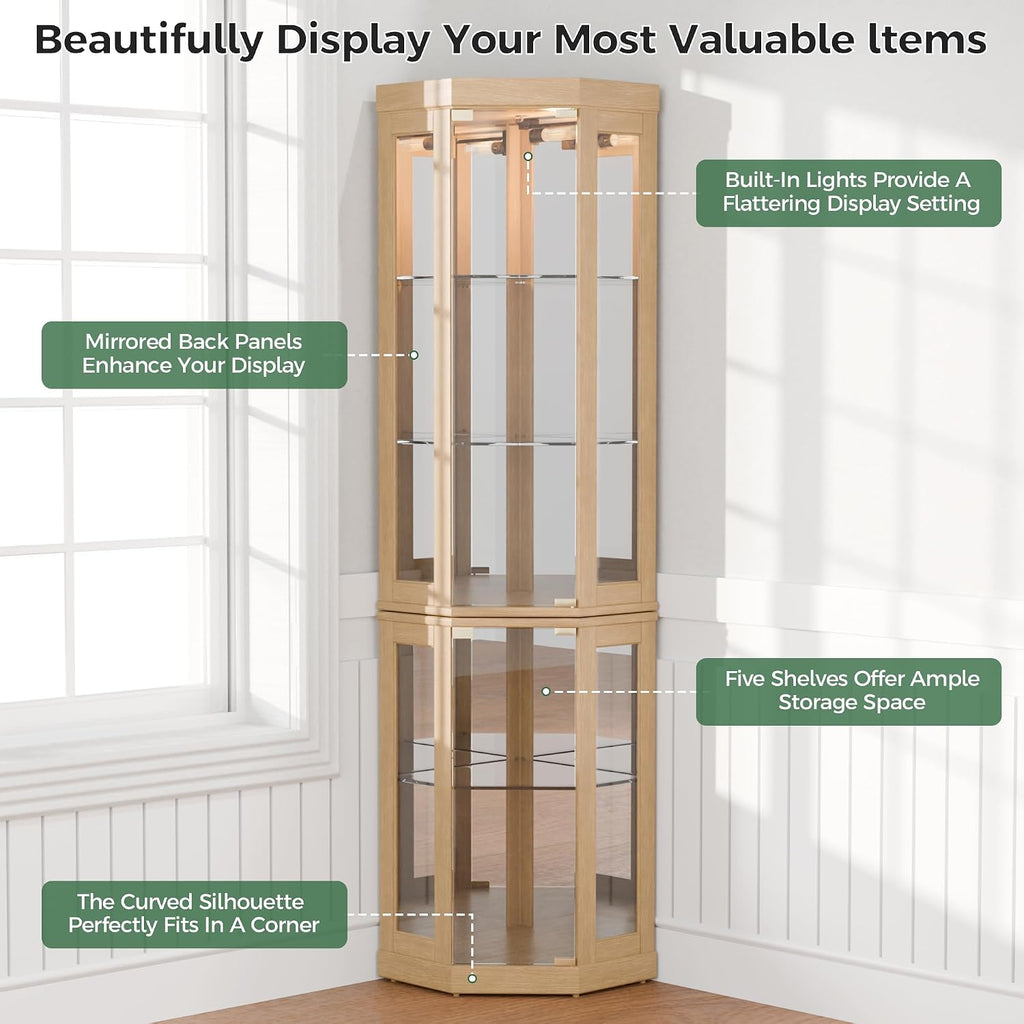 70' H Lighted Corner Curio Cabinet, Curio Cabinet with Tempered Glass Doors and Shelves, Corner Display Case with Light Bulb for Living Room, Dining Room, Light Oak
