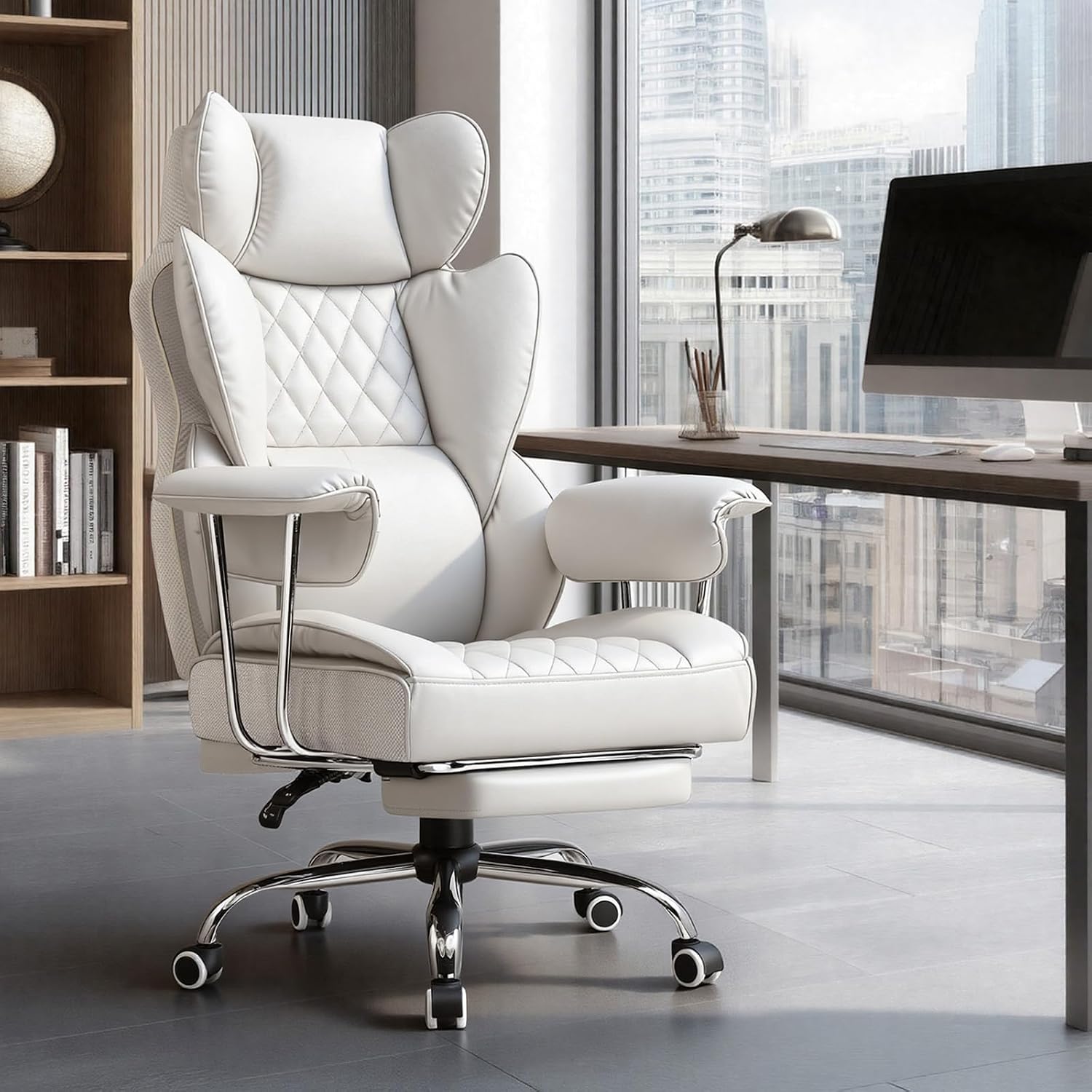 GTPLAYER Gaming Chair,Office Chair with Pocket Spring Lumbar Support, Ergonomic Comfortable Wide Office Desk Computer Chair with Outward Fixed Soft Armrests and Footrest,(PU Leather, White)
