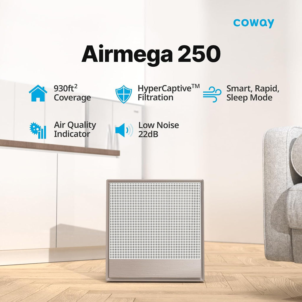 COWAY Air Purifiers for Home Large Room Up to 1,860 ft², Washable Pre-Filter and HEPA Filter for Smoke, Allergies, Pet Dander, Odor, AQI, Smart & Rapid Mode, Timer, 3yr Warranty, Airmega 250