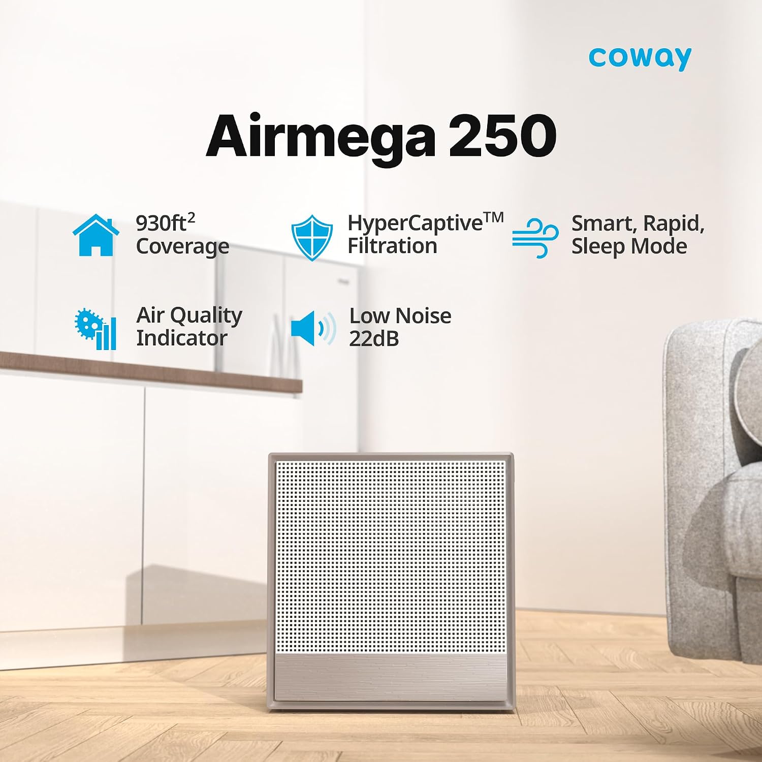 COWAY Air Purifiers for Home Large Room Up to 1,860 ft², Washable Pre-Filter and HEPA Filter for Smoke, Allergies, Pet Dander, Odor, AQI, Smart & Rapid Mode, Timer, 3yr Warranty, Airmega 250