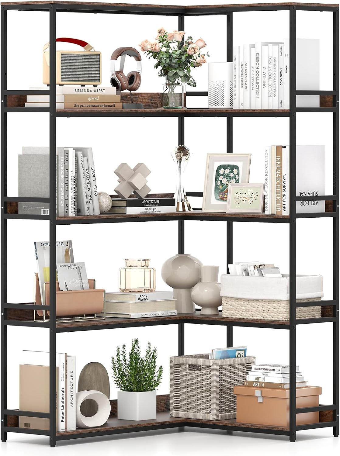 Giantex 5-Tier Corner Bookshelf, 71' L-Shaped Bookcase, Tall Etagere Bookshelf with Metal Frame, Industrial Open Display Shelf, Vertical Storage Rack for Living Room, Study, Office (Rustic Brown)