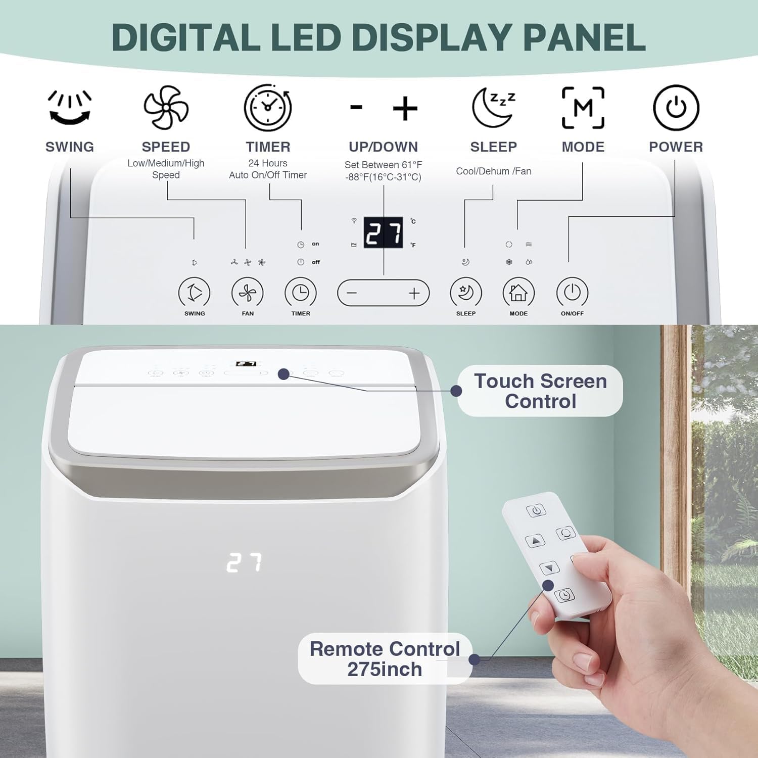 12000 BTU Portable Air Conditioners, for Rooms Up to 550 Sq.Ft. 3-In-1 AC with Fast Cooling, Dehumidifier & Three Speed Fan, 24H Timer and Remote Control, Ultra Quiet for Bedroom, White