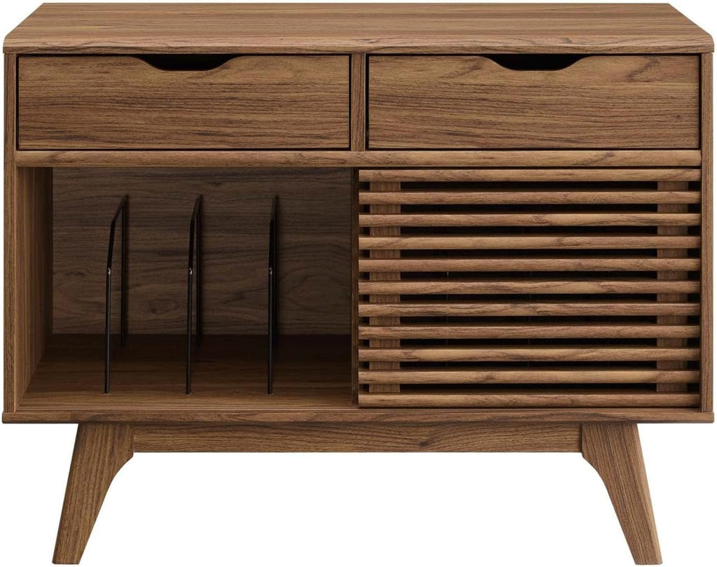 Modway Render Mid-Century Modern Vinyl Record Storage Display Cabinet, 37 Inch, Walnut