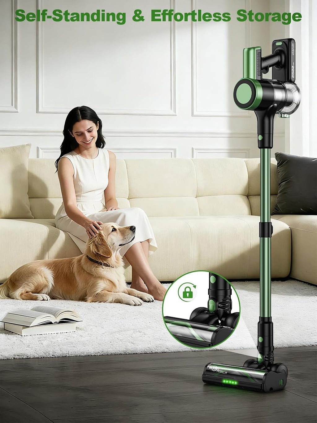Cordless Vacuum Cleaner, 58Kpa Vacuum Cleaners for Home, 55Mins Stick Vacuum with Self-Standing & LED Display, Anti-Tangle & Wall Mount Charging (Green Black)