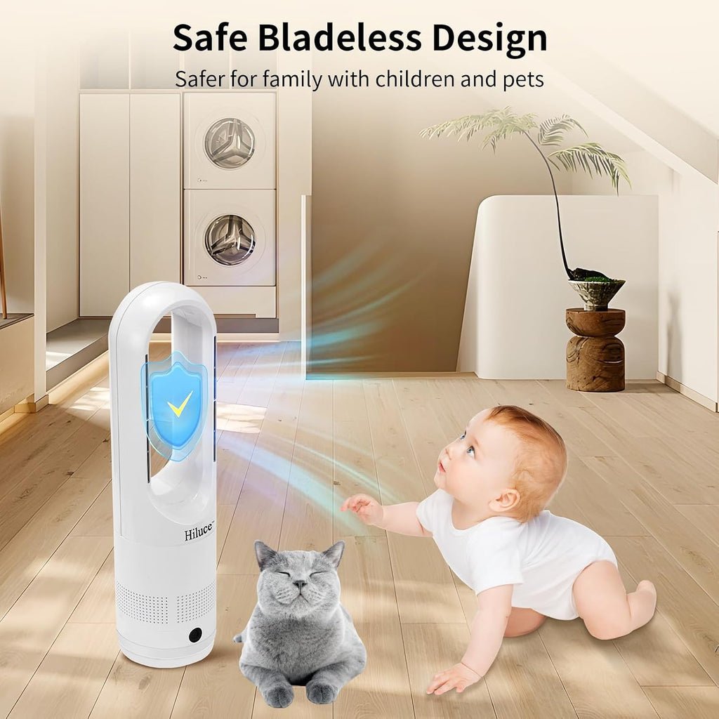 Hiluce All Season Bladeless Fan, 1400W Space Heater & 40W Tower Fan Combo with Remote,25dB Quiet Heater Fan Combo,90° Oscillation,8 Speeds, 9H Timer,Fast Safety Heat for Bedroom, Kitchen, Office 22'