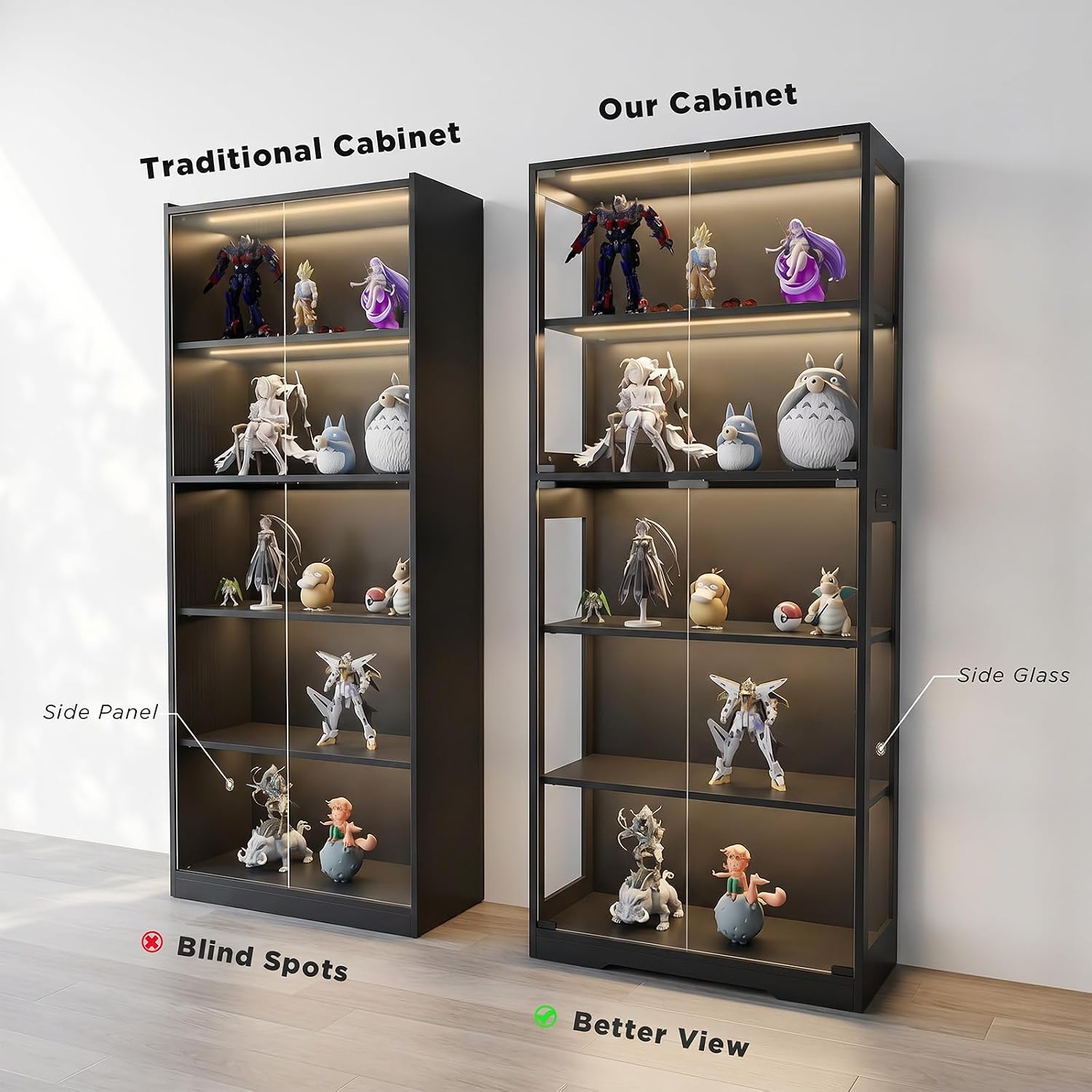 Glass Display Cabinet, 5-Tier Curio Cabinet with Glass Doors, Dimming LED Lights & Motion Sensor, for Collectible Figures, Living Room, Bedroom, or Office (Wooden Frame Black)