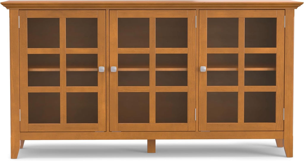 SIMPLIHOME Acadian Storage Cabinet - 62 inch Wide Solid Wood 3-Shelf Sideboard in Light Golden Brown, Transitional Buffet for Living Room, Entryway, or Dining Room with Adjustable Shelves