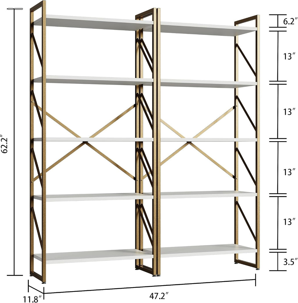 Shintenchi 2 Pieces 5 Tiers Bookshelf, Classically Tall Bookcase Shelf, Industrial Book Rack, Modern Book Holder in Bedroom/Living Room/Home/Office, Storage Rack Shelves for Books/Movies-Gold