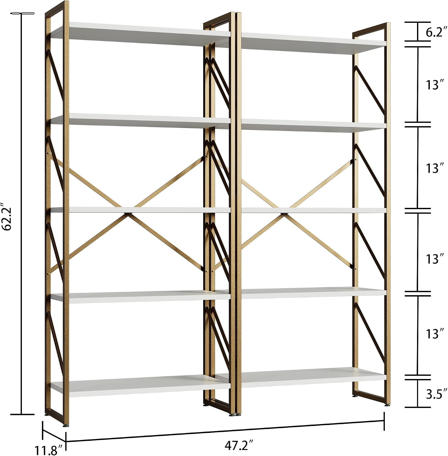 Shintenchi 2 Pieces 5 Tiers Bookshelf, Classically Tall Bookcase Shelf, Industrial Book Rack, Modern Book Holder in Bedroom/Living Room/Home/Office, Storage Rack Shelves for Books/Movies-Gold