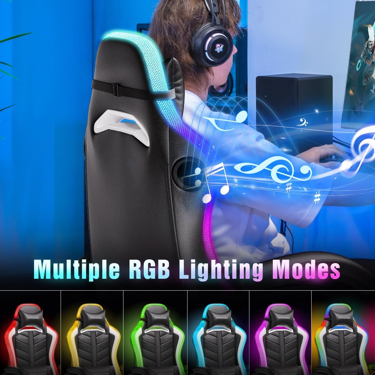 GTPLAYER Gaming Chair, Computer Chair with RGB LED Lights, High Back Ergonomic Chair for Adults with Footrest and Linkage Armrests& Headrest Lumbar Support (with Bluetooth Speakers)