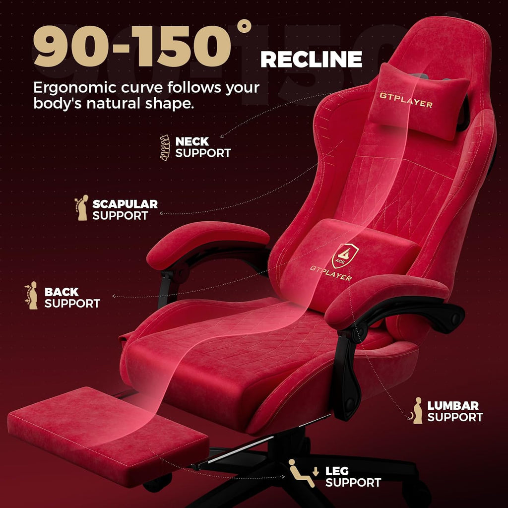 GTPLAYER ACE-PRO Music Gaming Chairs – Built-in Speakers, App Support & Bluetooth Control, Computer Game Chairs with Footrest for Adults, Ergonomic, Reclining, Linkage Armrest, Cherry Red 【Velvet】