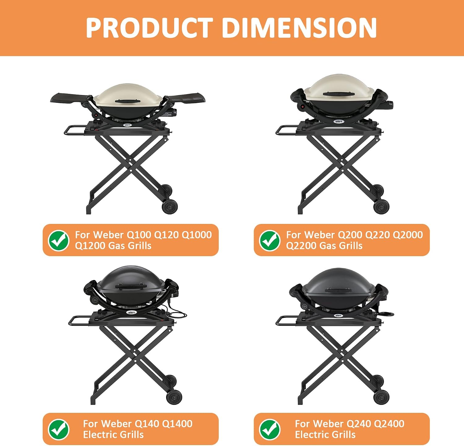 Portable Grill Cart for Weber Q Series Q100 Q1000 Q120 Q1200 Q200 Q2000 Q2200 Gas Grill, Collapsible Grill Stand Table for Weber Q1400 Q2400 Electric Grill, Outdoor Folding Trolley Grill Cart
