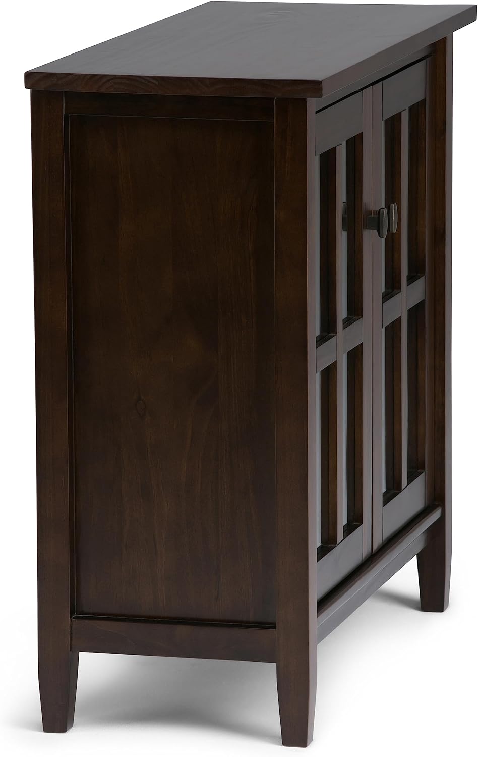 SIMPLIHOME Warm Shaker Storage Cabinet - 32 inch Wide Solid Wood 2-Shelf Low Storage Cabinet in Tobacco Brown, Transitional Accent Cabinet for Entryway with Tempered Glass Doors and Shelves