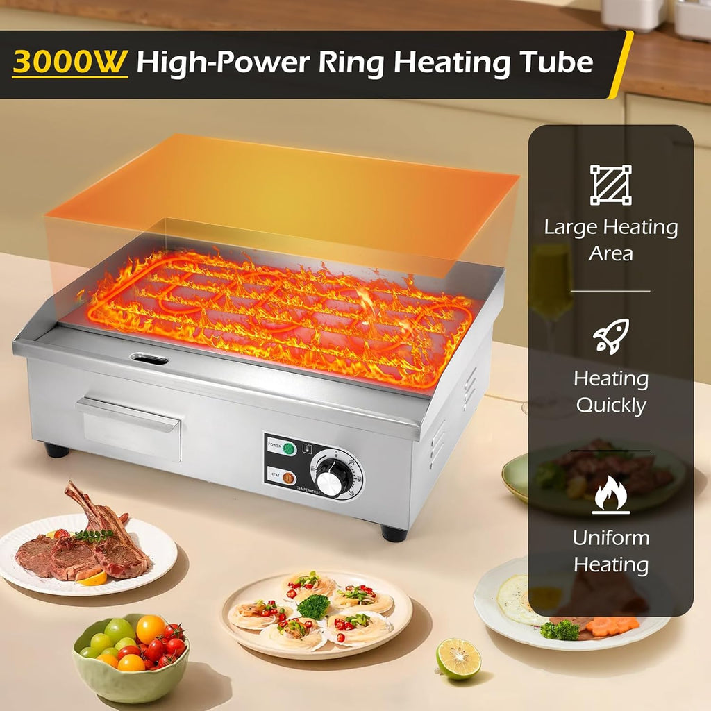 Dyna-Living Commercial Electric Griddle 22'' Flat Top Grill Countertop 3000W Stainless Steel Electric Griddle Nonstick Commercial Flat Top Griddle Countertop Grills, 122°F-572°F Temp Adjustable