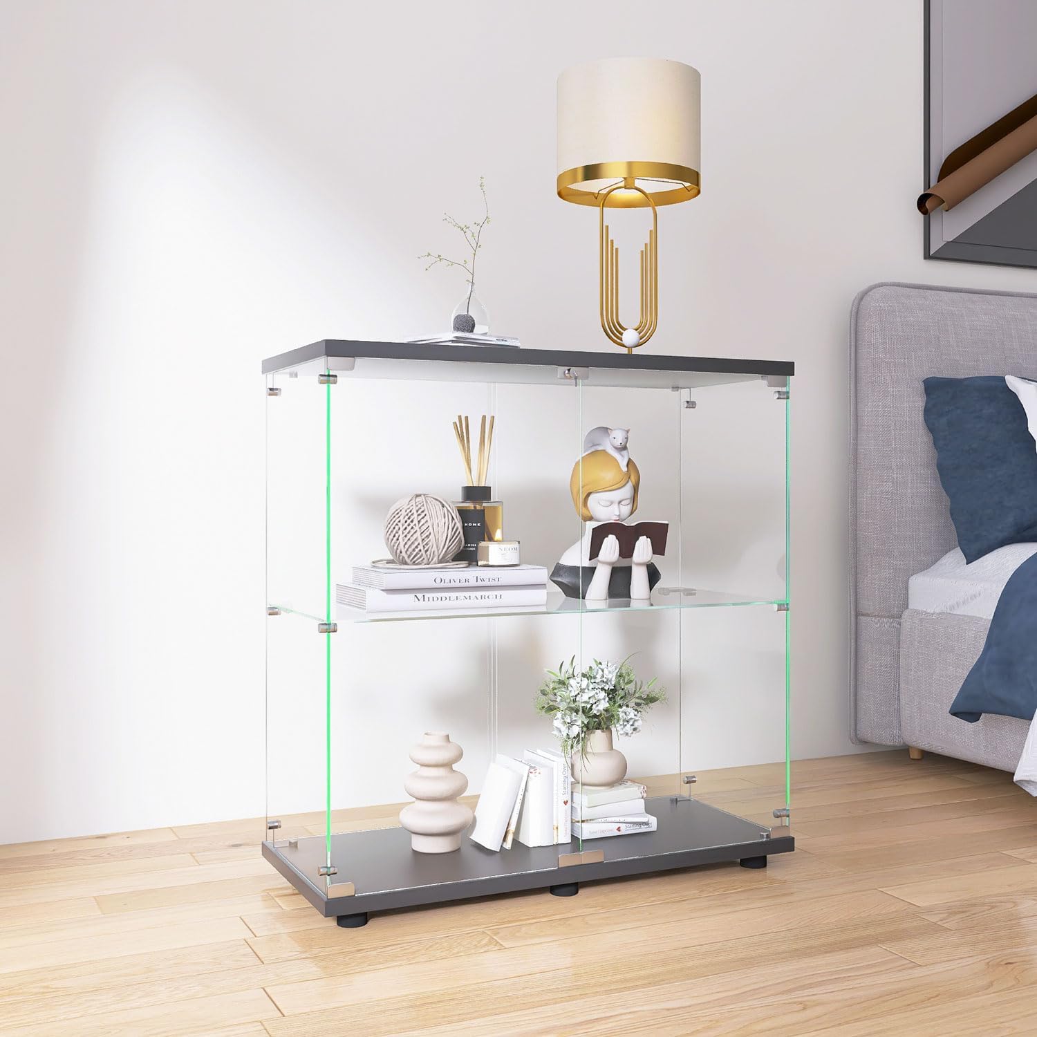 Display Cabinet with Glass Doors, Glass Display Cabinet with Lock, 2-Tier Curio Cabinet&Bookcase for Collectibles, Toys, Books, Glass Storage Cabinet, 32' W x 34' H x 14' D