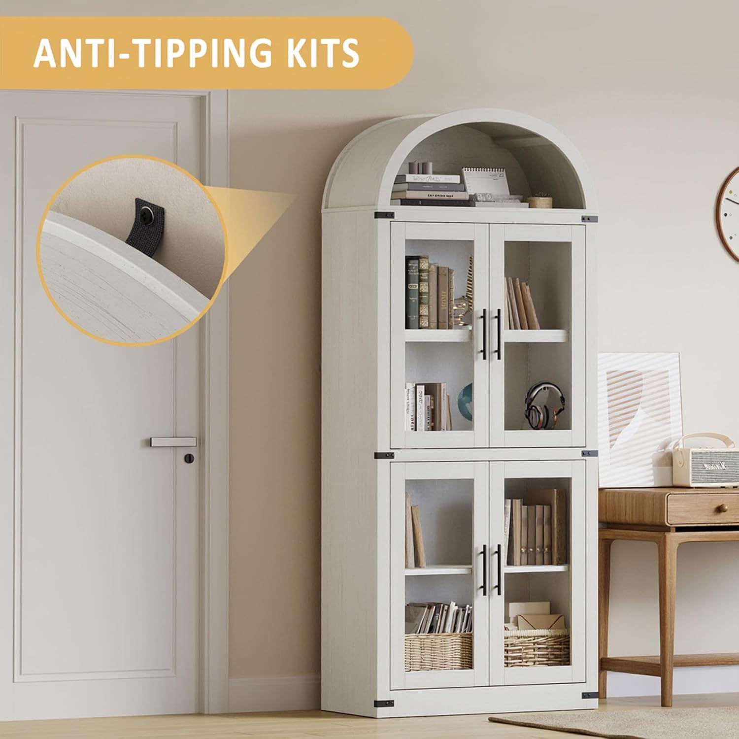 GarveeHome Arched Bookcase with Doors Modern 6-Tier Bookshelf with Storage Wooden Display Cabinet Farmhouse Storage Shelves for Living Room, Kitchen, Office (White)