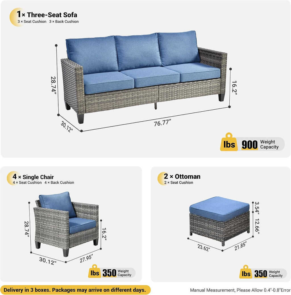 ovios Patio Furniture Set, 7 Pieces Outdoor Wicker Sofa Couch with 4 Chairs, Ottomans and Comfy Cushions, All Weather High Back Rattan Conversation Set, Denim Blue