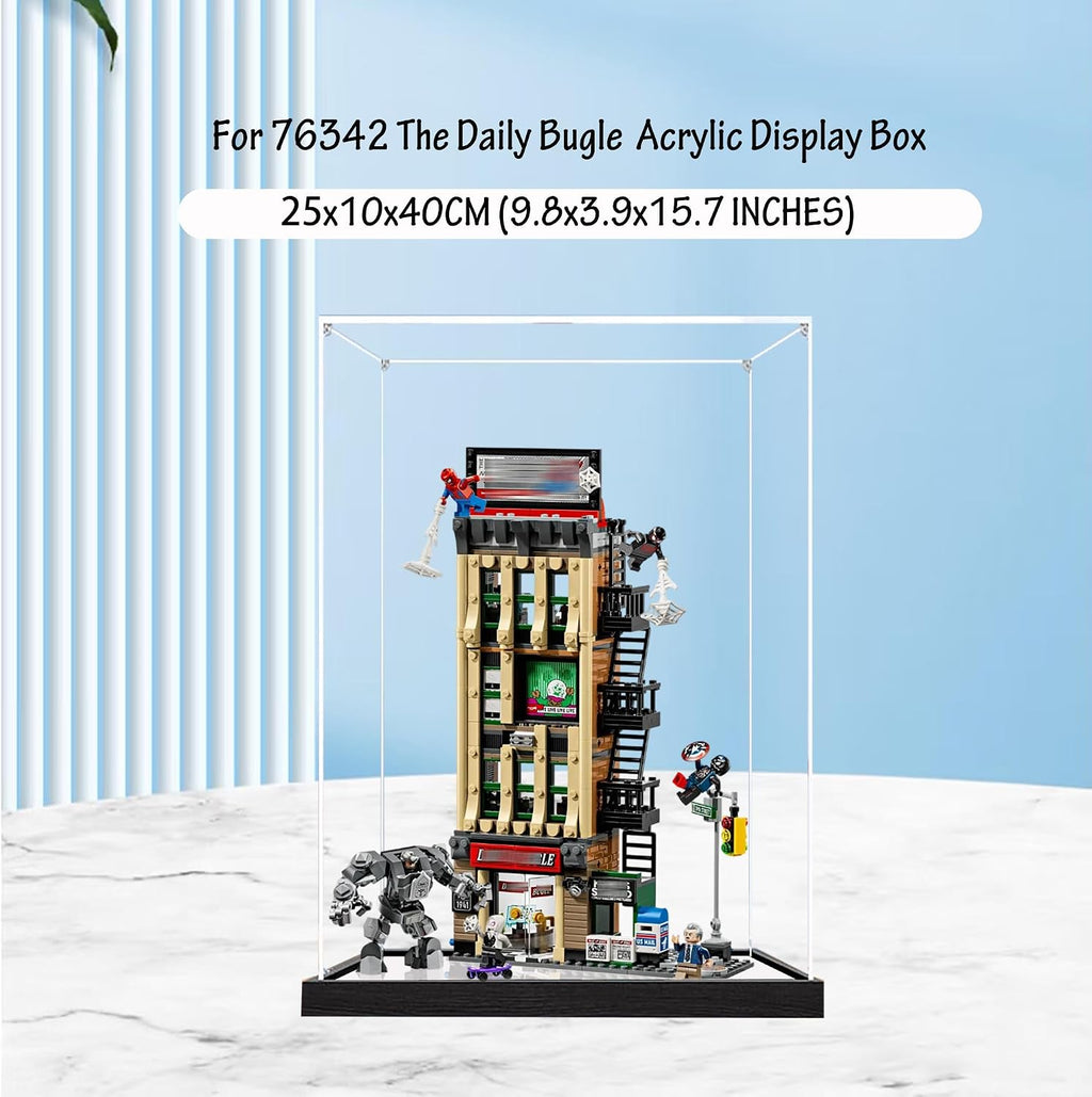 Acrylic Display Case for Lego 76342 The Daily Bugle Model, 3mm Dustproof Display Box, Display Case Compatible with Lego 76342(Model Not Included) (Black Base+Mirror 2MM)