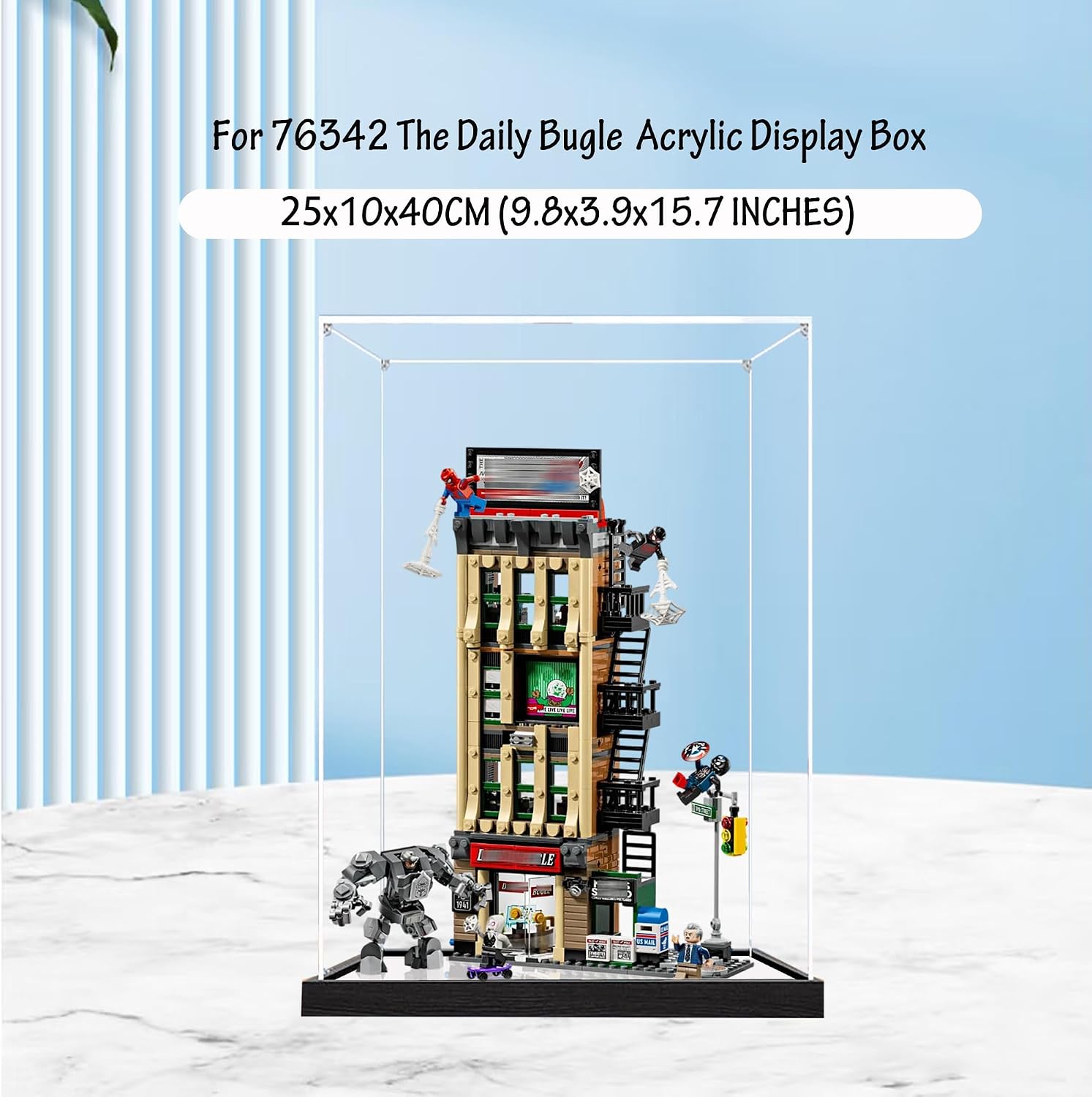 Acrylic Display Case for Lego 76342 The Daily Bugle Model, 3mm Dustproof Display Box, Display Case Compatible with Lego 76342(Model Not Included) (Black Base+Mirror 2MM)