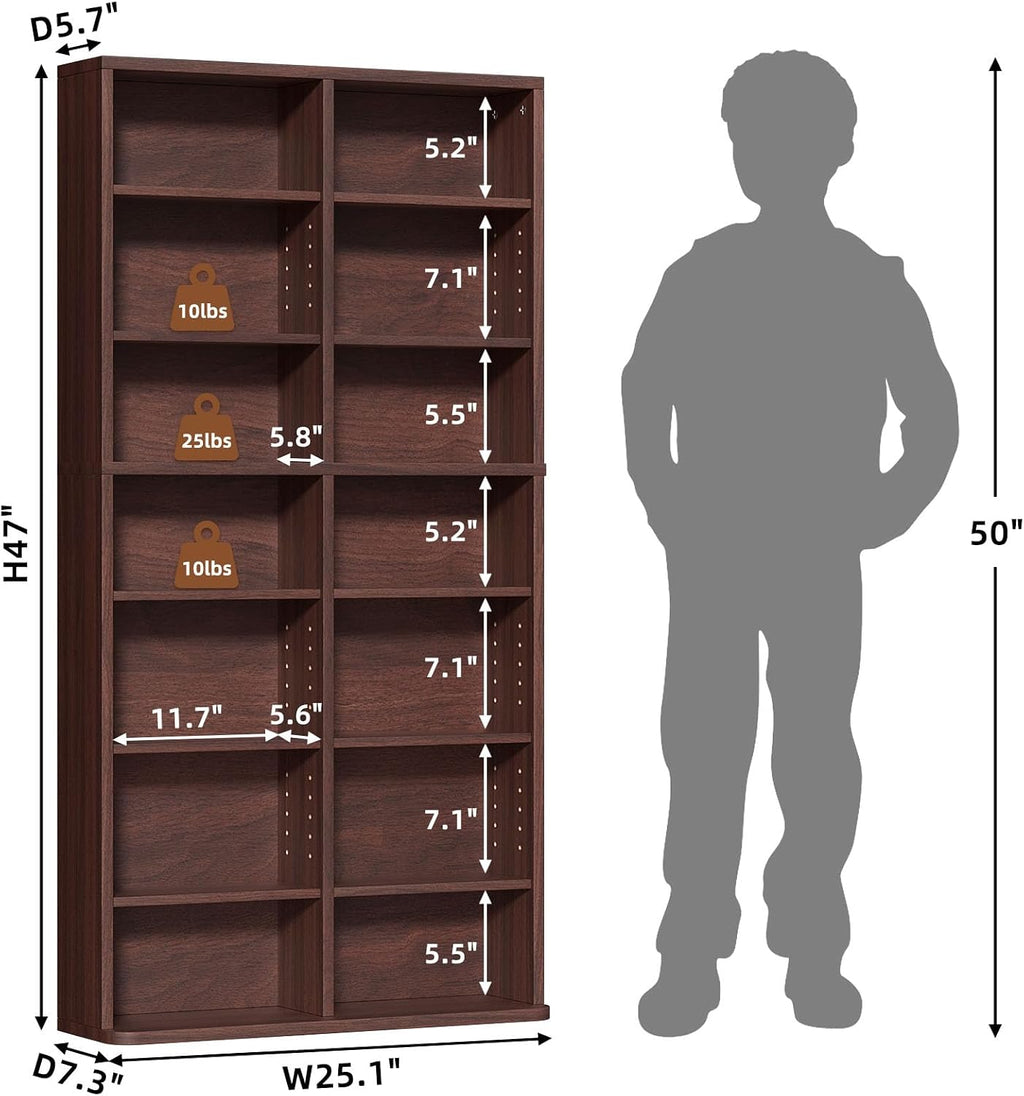 LELELINKY 7 Tier Tall Display Cabinet, Walnut Media Storage Cabinet with Adjustable Shelves, Free Standing DVD Organizer Shelf, Floor Multimedia Storage Manga Bookshelf for Living Room & Home Office.