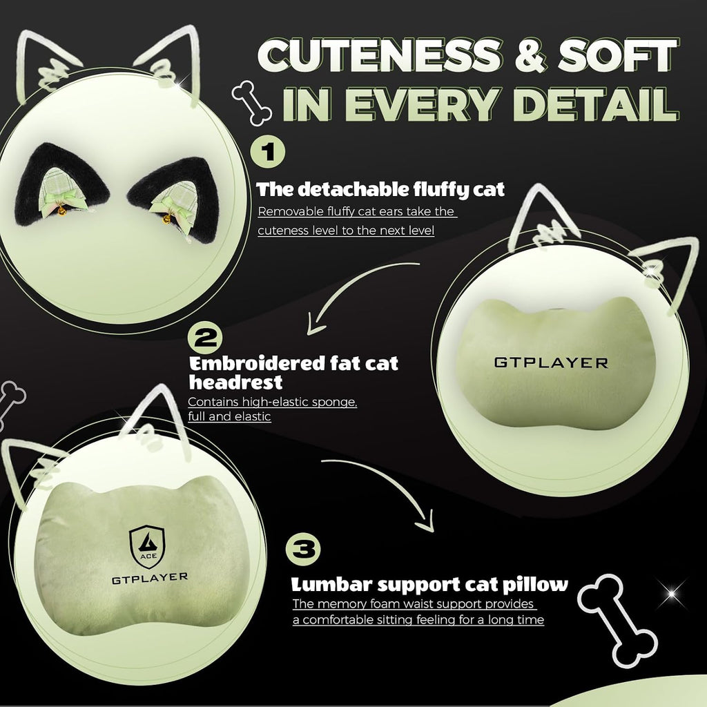 GTPLAYER Gaming Chair Cute with Cat Ears Ergonomic Computer Chair with Dog Embroidery Adjustable Memory Foam Lumbar Support and Headrest Comfortable Reclining Office Chair Soft Velvet Fabric for Women
