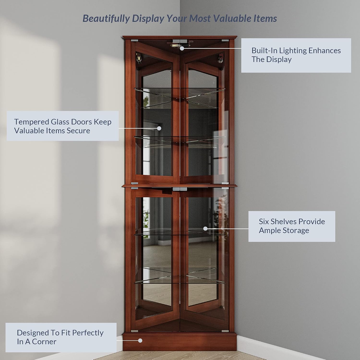 BELLEZE Lighted Corner Display Curio Cabinet Wooden Shelving Unit with Tempered Glass Door, Bar and Liquor Storage Area with 6 Shelves - Woody (Walnut)