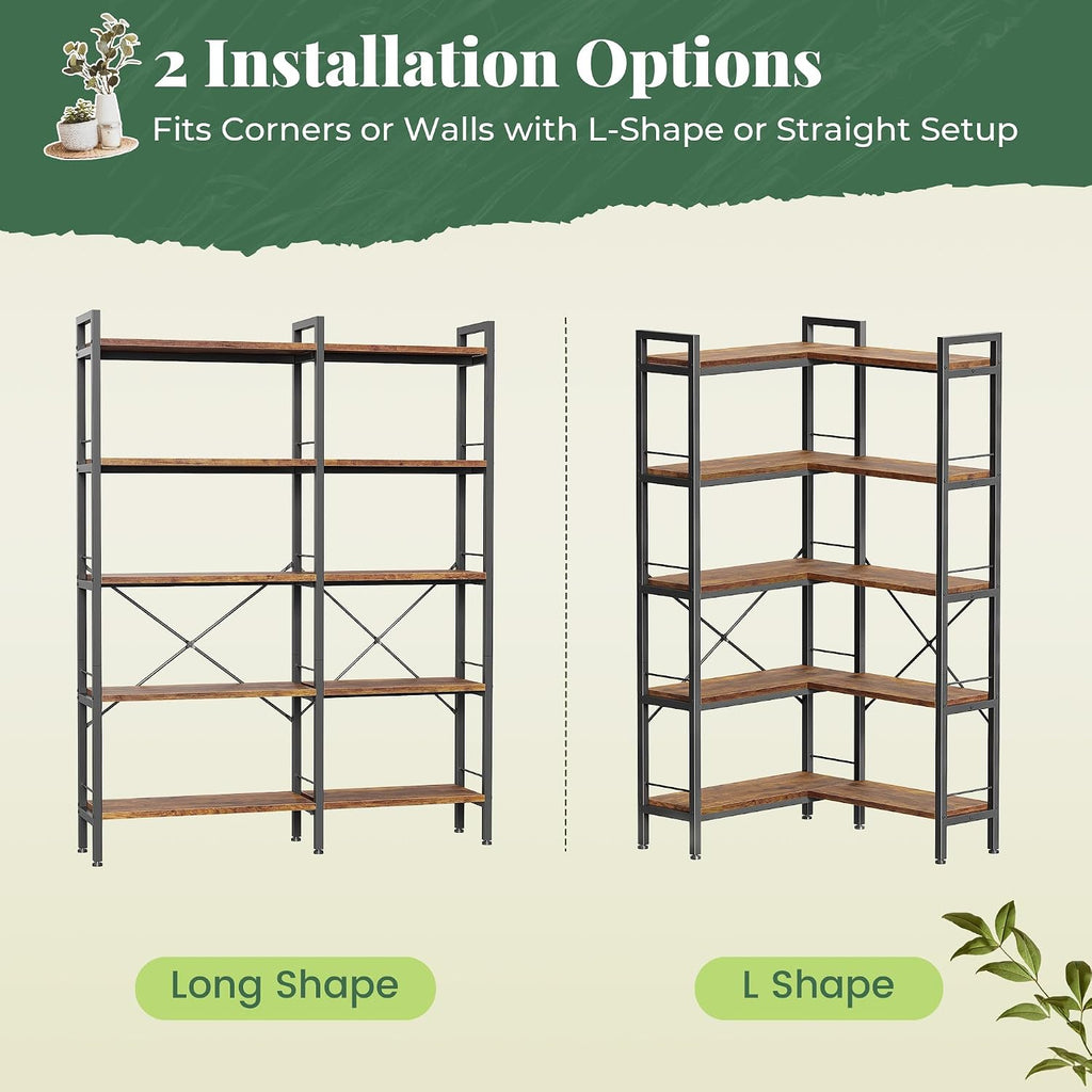 Huuger 5 Tier Bookshelf, L Shaped Corner Bookshelf with 10 Open Shelves, 49.4 Inch Straight Wide Bookcase with Metal Frame and Wooden Board, Adjustable Feet, Rustic Brown