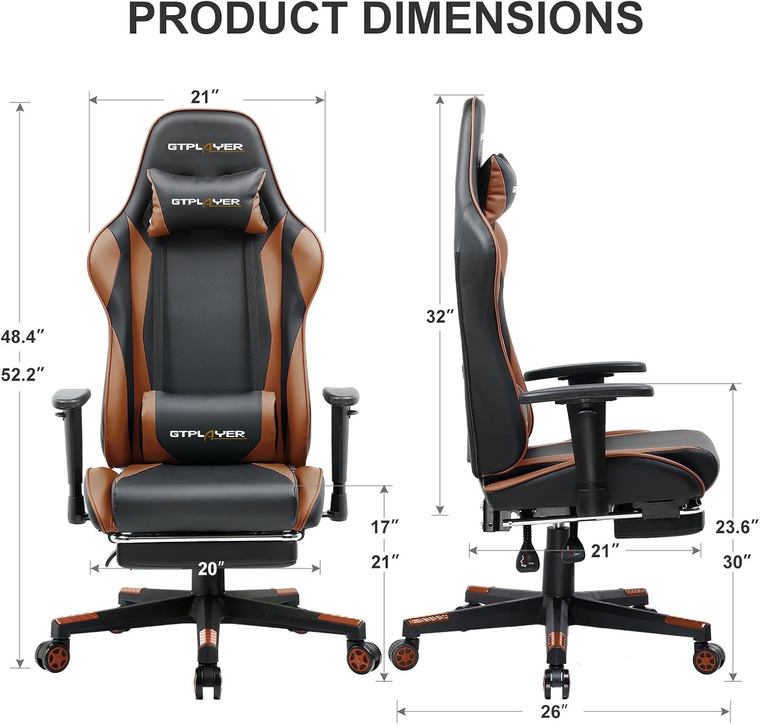 GTPLAYER Gaming Chair with Footrest, Ergonomic Computer Game Desk Chair, Reclining Gaming Chair Seat Height Adjustment, Swivel Rocker with Headrest and Lumbar (Brown)