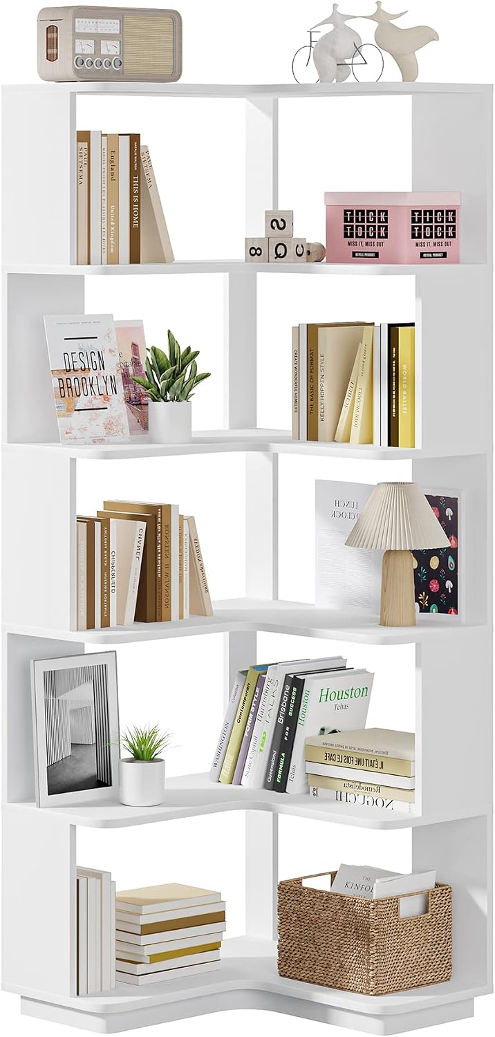 Tribesigns 6-Tier Corner Bookshelf, 64.9 Inches Tall Corner Book Shelf with Anti-Drop Panel, Modern Bookcase with Storage, Wood Display Shelving Unit for Home Office, Living Room, White
