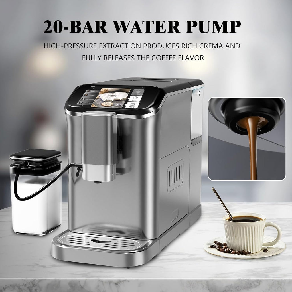 GarveeHome Espresso Machine, 20 Bar Semi Automatic Espresso Machine With Grinder and Milk Frother Wand, Professional Espresso Maker Coffee Machine With 95 oz Removable Water Tank (Grey+Silver)