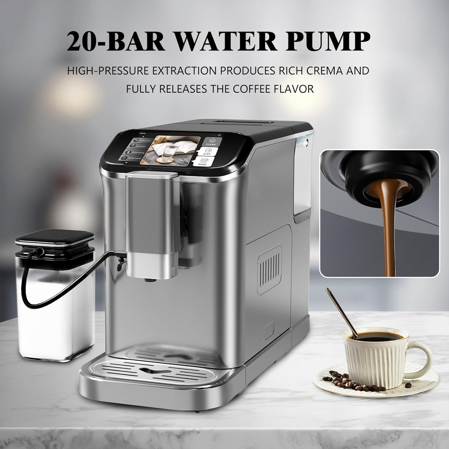 GarveeHome Espresso Machine, 20 Bar Semi Automatic Espresso Machine With Grinder and Milk Frother Wand, Professional Espresso Maker Coffee Machine With 95 oz Removable Water Tank (Grey+Silver)